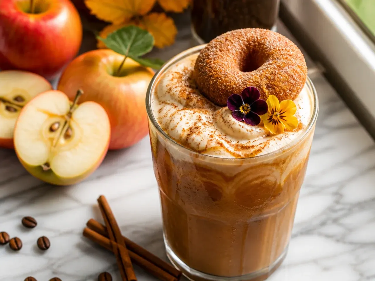 Mug of apple cider donut coffee with a cinnamon sugar rim and a cinnamon stick garnish