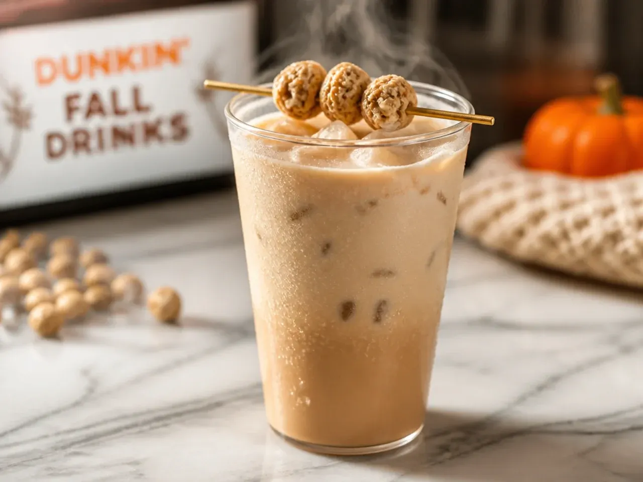 Cereal milk latte in a glass topped with foam and a few whole marshmallow cereal pieces