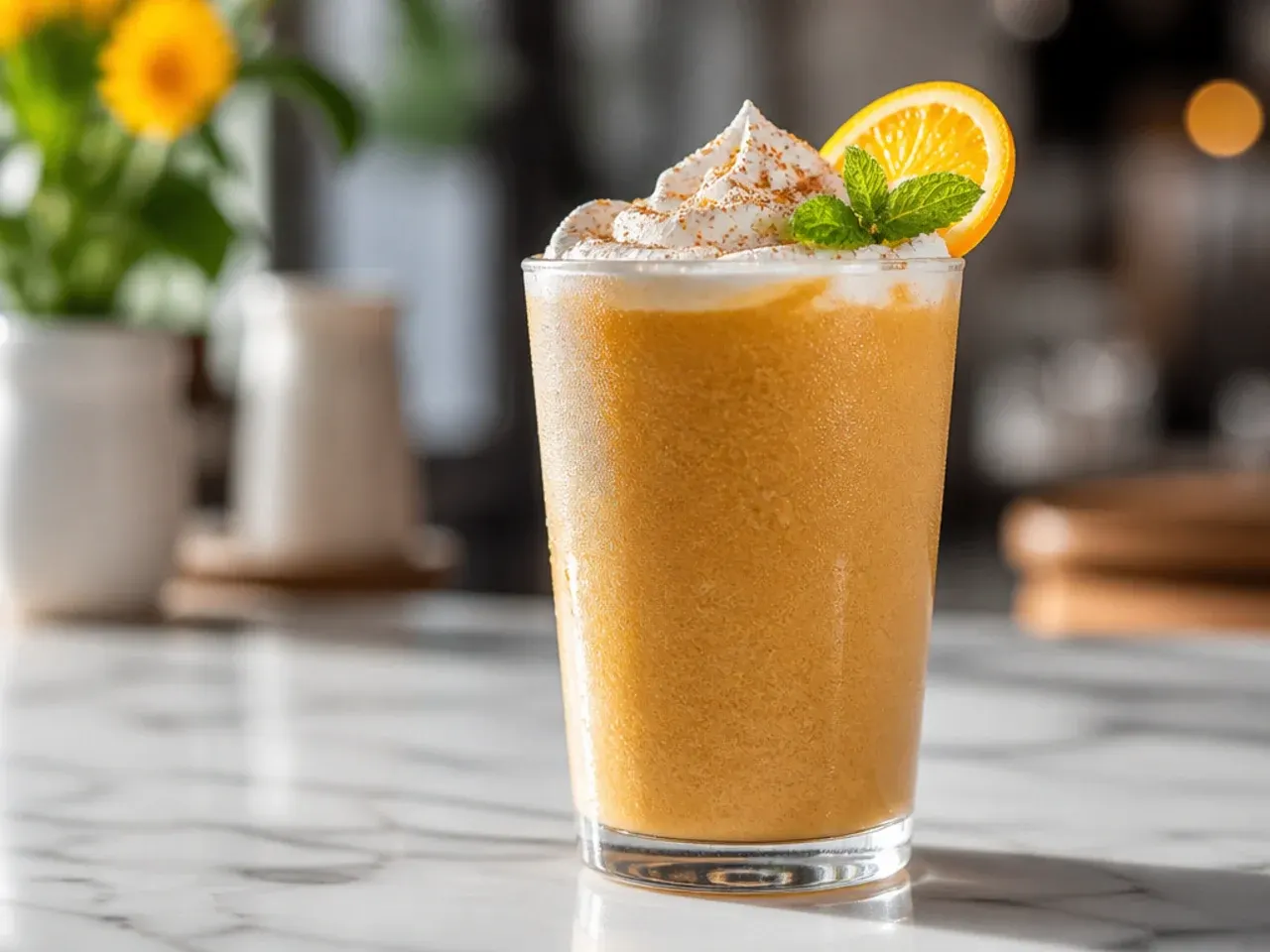 Frozen pumpkin spice frappe in a tall glass topped with whipped cream and a dusting of spice