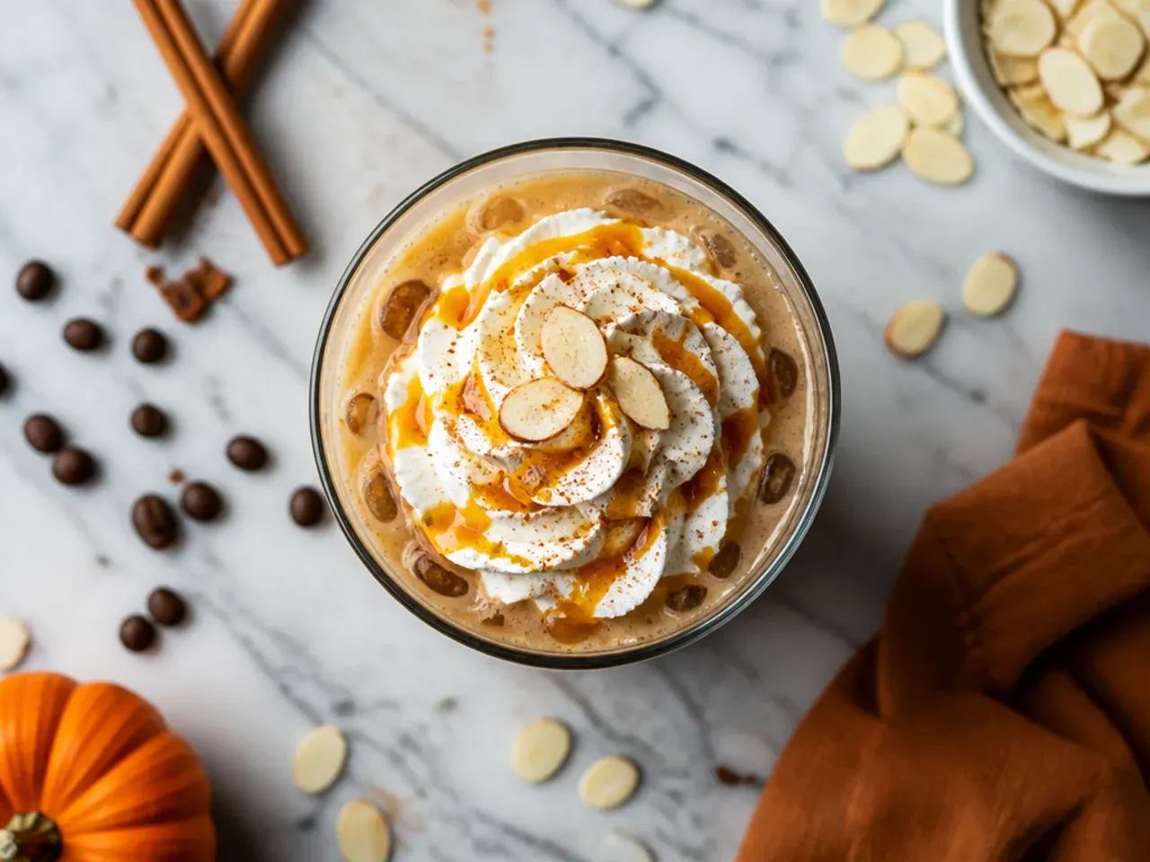 Simple mug of almond spice coffee with almond milk being poured in