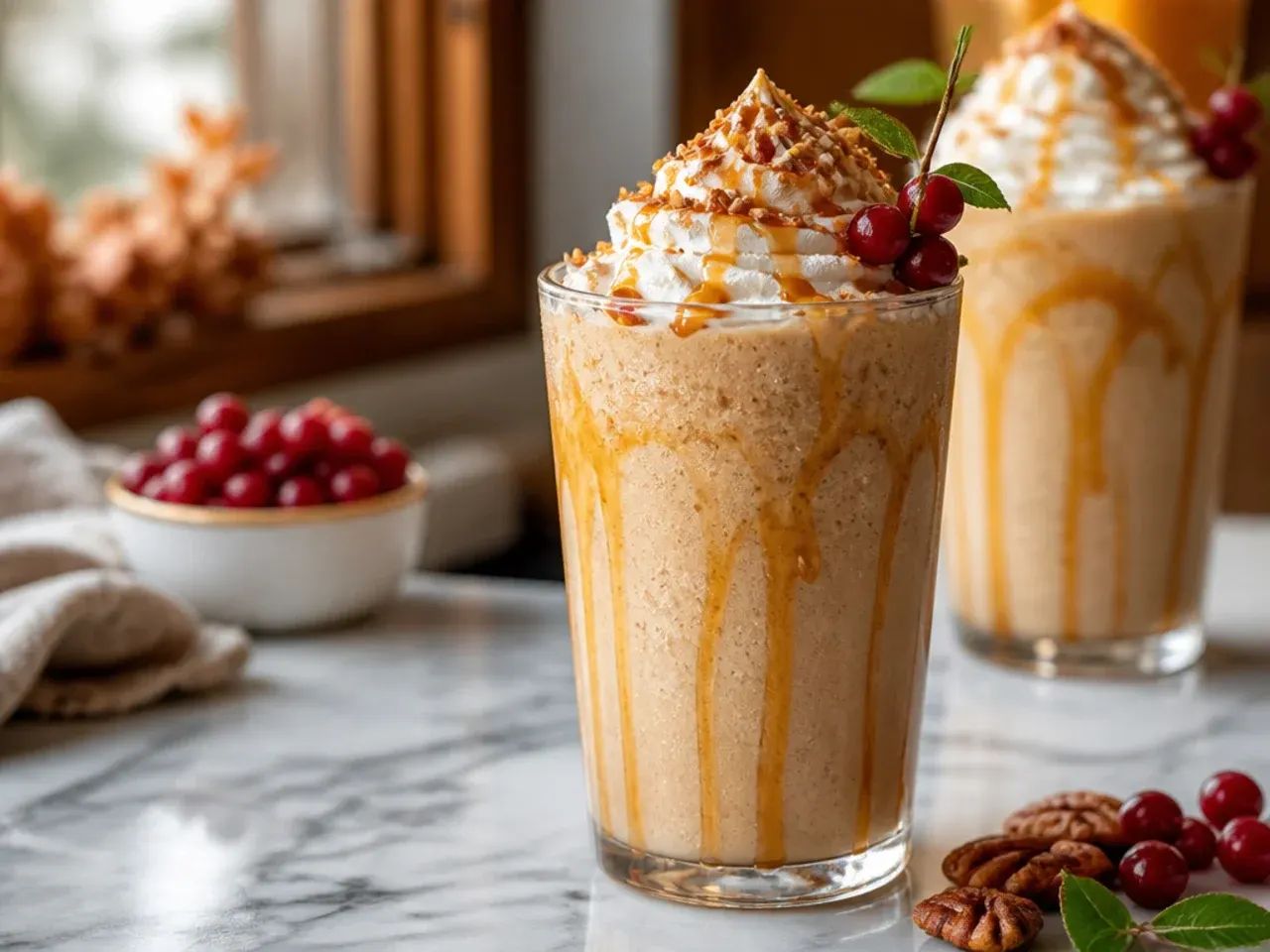 Blended maple pecan latte in a glass topped with whipped cream and chopped toasted pecans