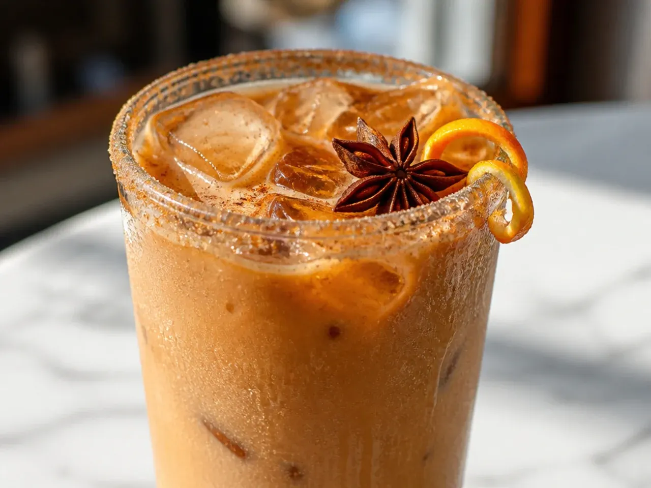 Spiced chai pumpkin latte in a glass mug with visible spice flecks and a cinnamon stick