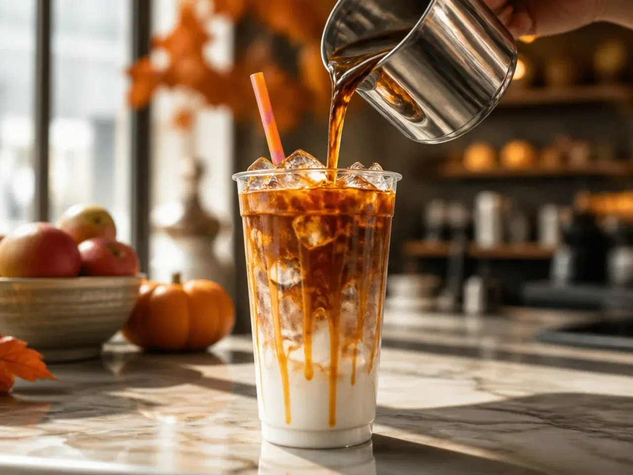 Layered caramel apple macchiato in a glass showing distinct milk, espresso and caramel drizzle