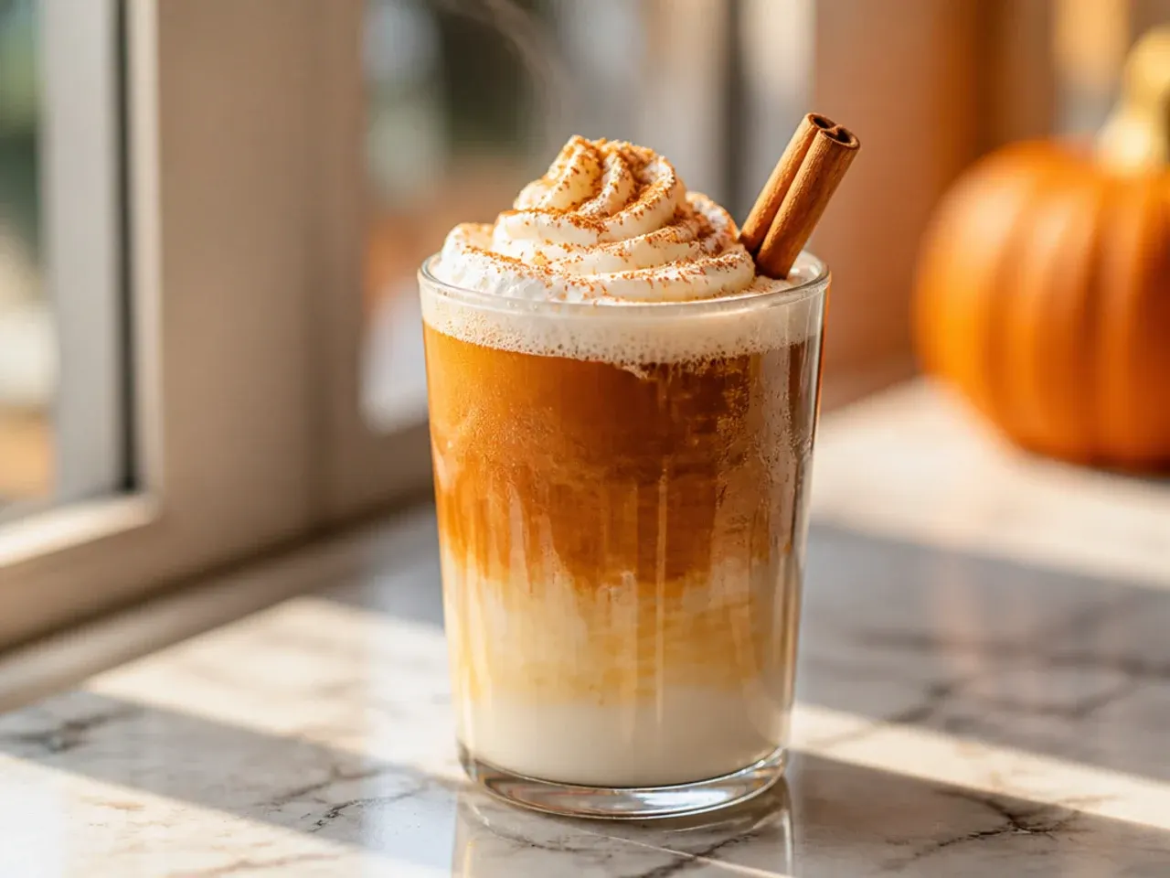 Clear glass mug showing distinct layers of milk and pumpkin vanilla espresso