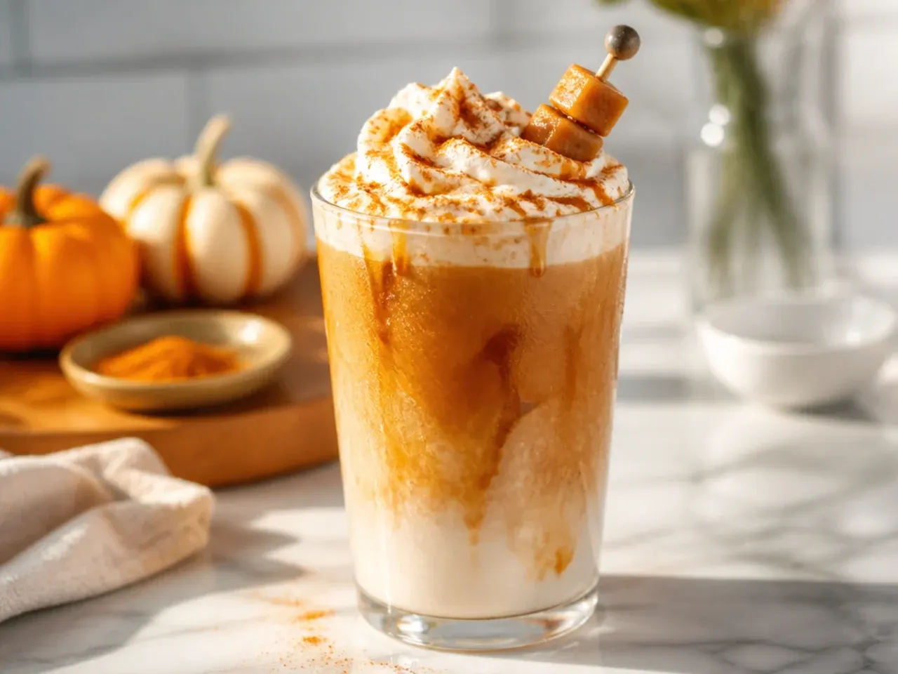Smooth vanilla bean pumpkin latte with silky oat milk foam and vanilla bean flecks on top