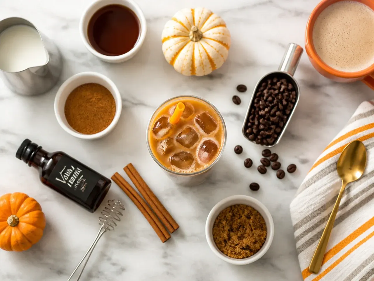 Close-up of a jar of pumpkin spice syrup and a milk thermometer on a kitchen counter