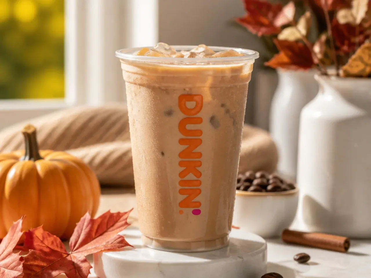 Finished copycat Dunkin fall drinks garnished with whipped cream, caramel drizzle and cinnamon on a wooden tray