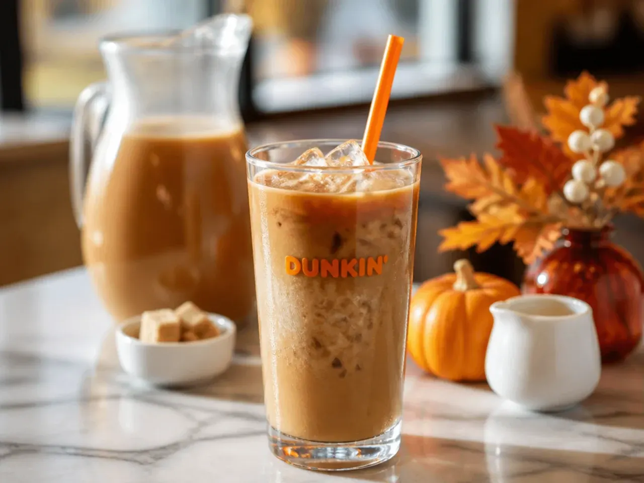 Mason jars of pumpkin spice syrup and cold brew concentrate lined up in a fridge