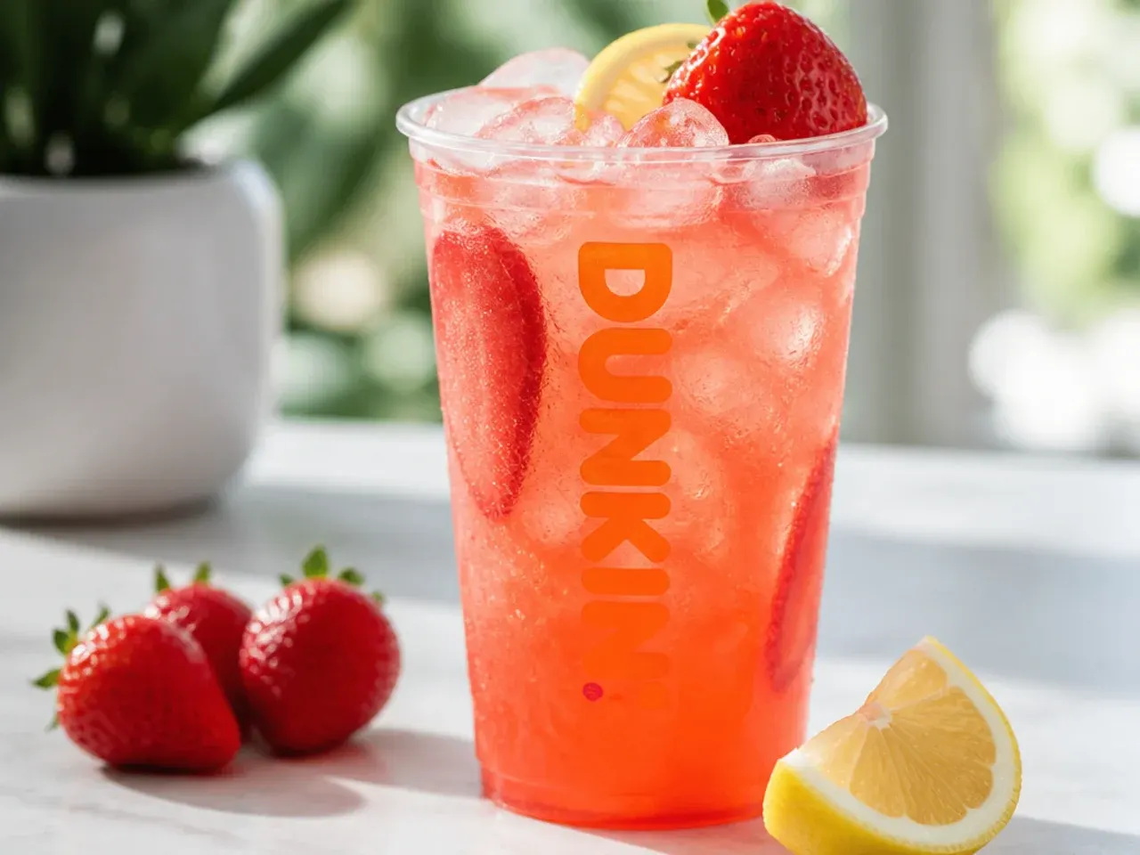 Overhead shot of ingredients for homemade Dunkin-style refreshers including green tea, fresh strawberries, dragon fruit and lemons