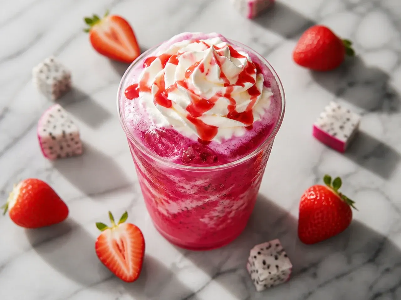 Iced strawberry dragonfruit refresher in a tall glass with pink gradient and fresh strawberry garnish