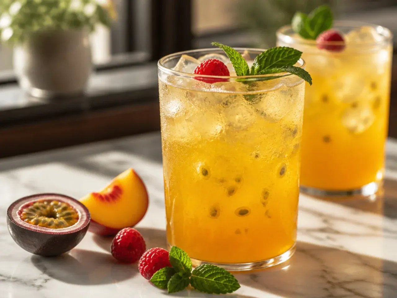 Classic peach passion fruit green tea refresher in a glass with peach slices