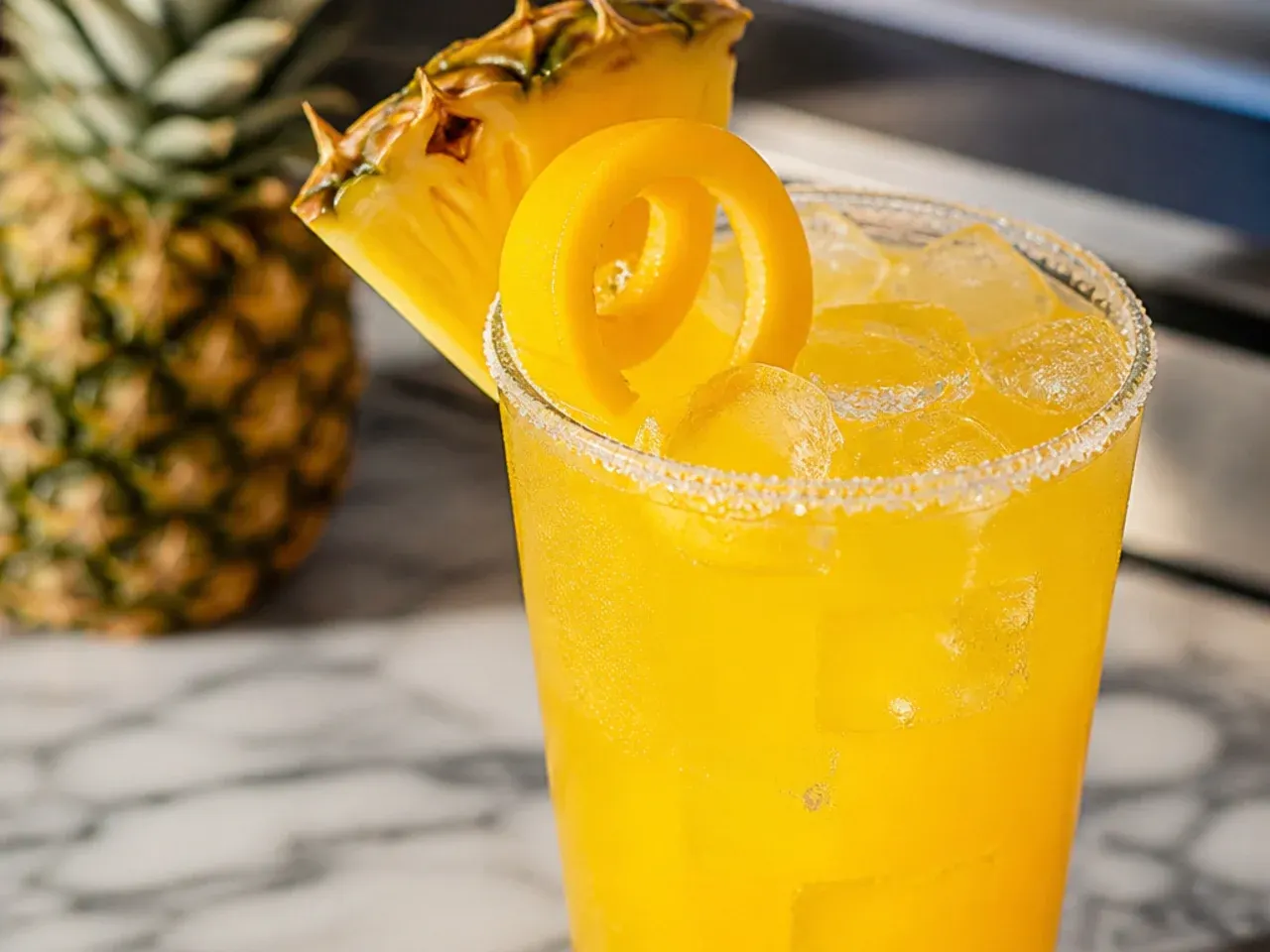Mango pineapple refresher drink in a glass with tropical fruit garnish
