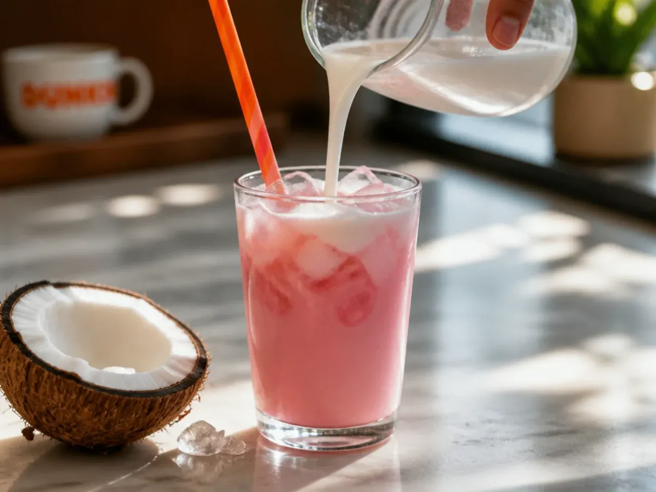 Creamy coconut milk refresher with swirled white and pink layers in a glass