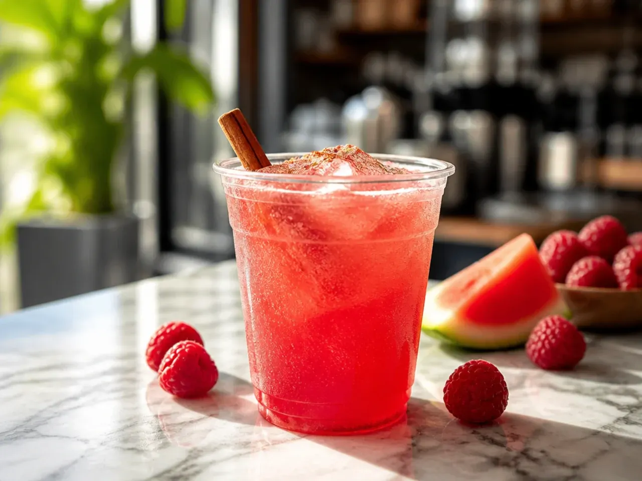 Raspberry watermelon refresher in a glass with fresh mint and watermelon wedge garnish