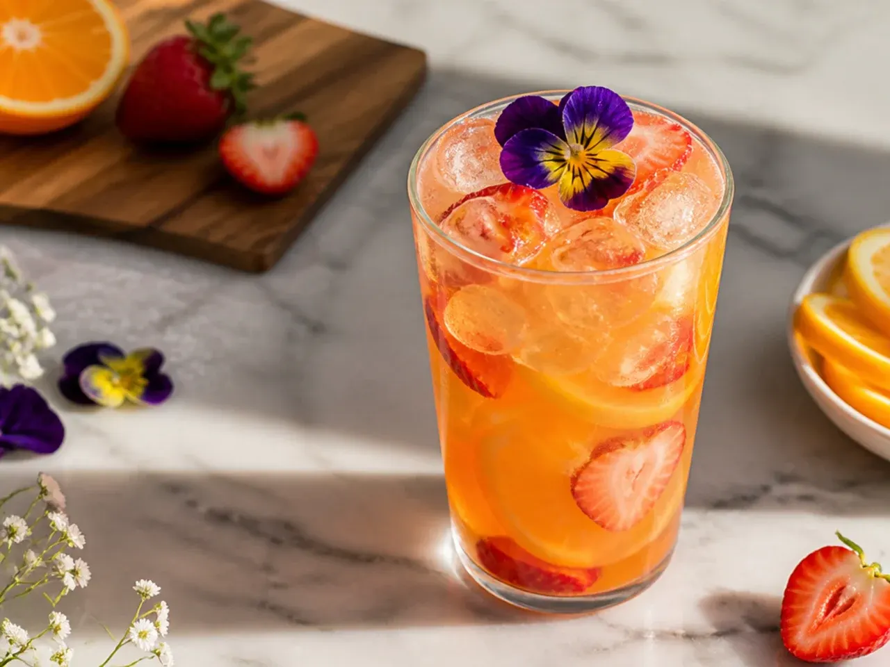 Golden hour refresher with a warm orange-to-red gradient in a clear glass