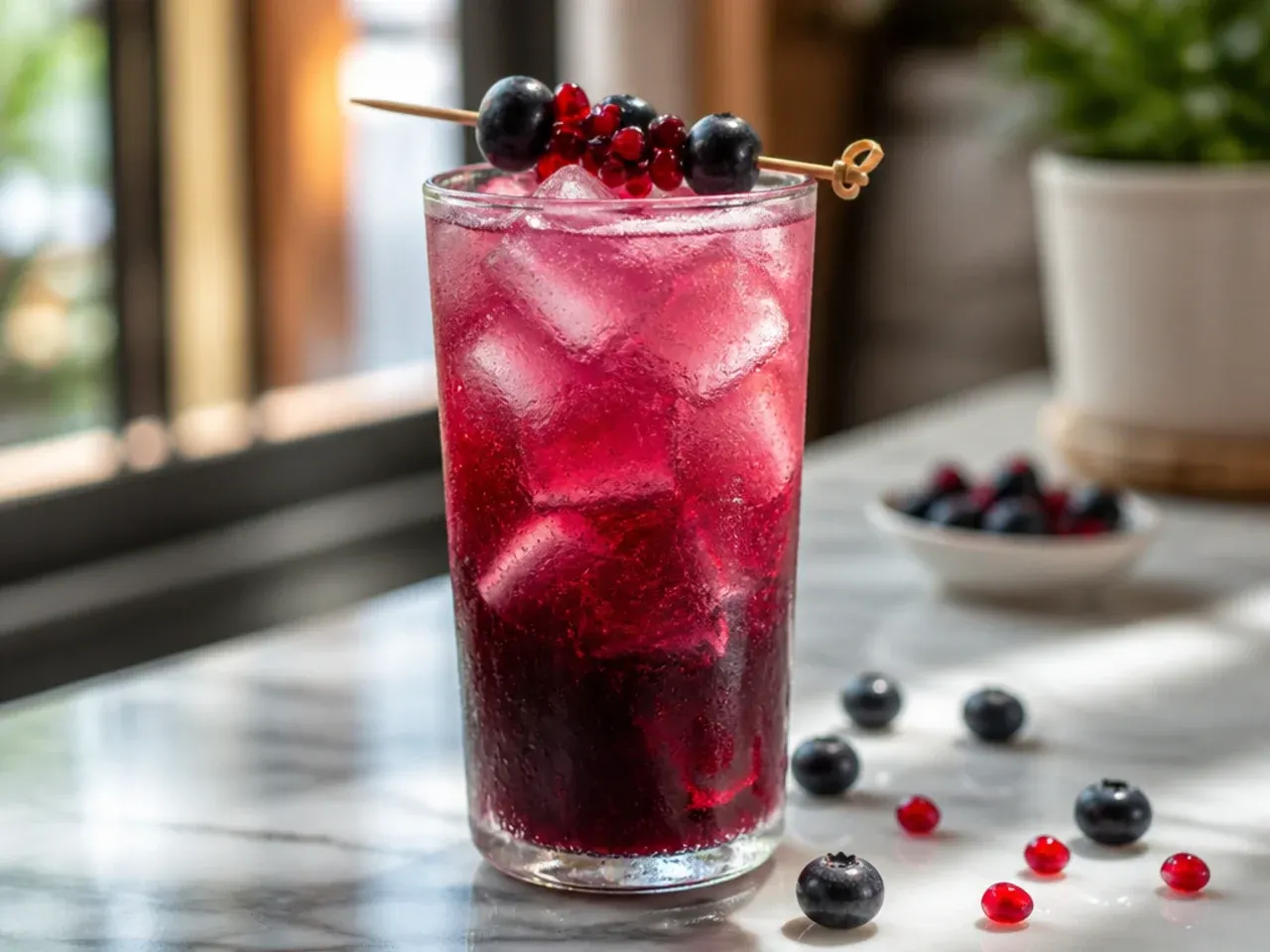 Blueberry pomegranate refresher in a glass with deep purple colour and blueberries floating
