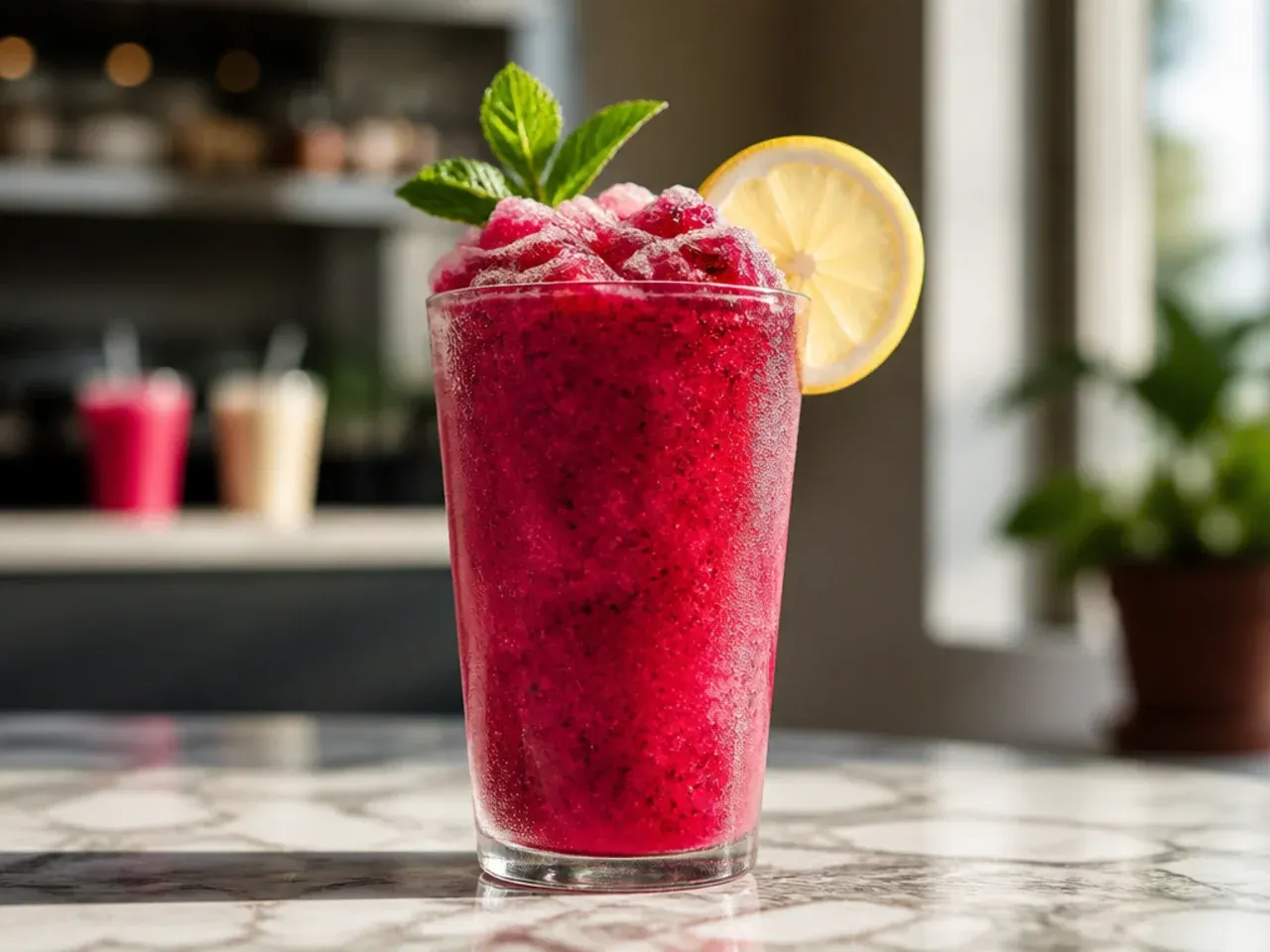 Frozen strawberry dragonfruit slush in a glass with a straw and pink slushy texture