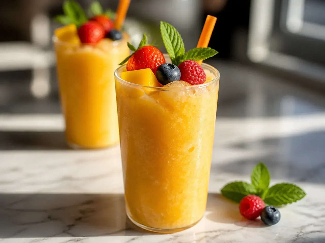 Blended mango pineapple smoothie refresher in a glass with a thick, smoothie-like texture