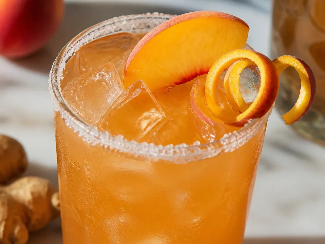 Spiced peach ginger refresher in a glass with fresh ginger slices and peach garnish