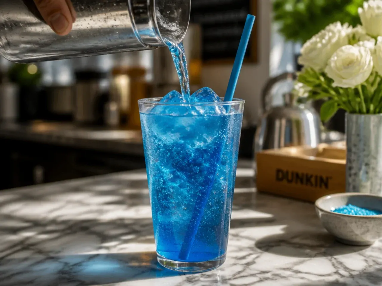 Festive blue raspberry refresher in a glass with bright blue colour and crushed ice