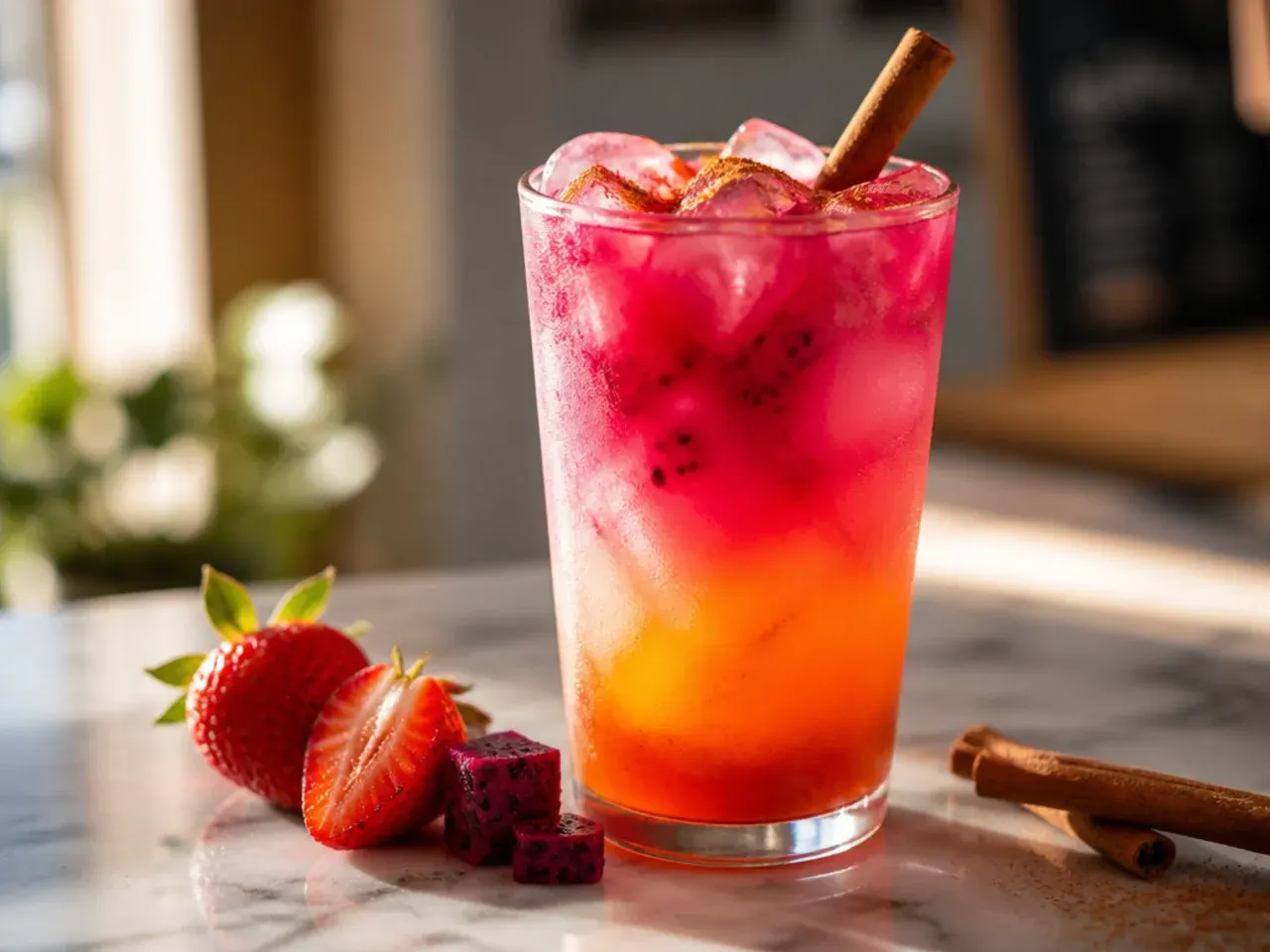 Layered pink and purple sunset refresher in a tall glass showing distinct colour bands