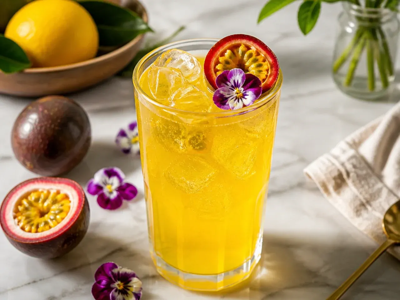 Bold passion fruit green tea refresher in a glass with a deeper amber-gold colour