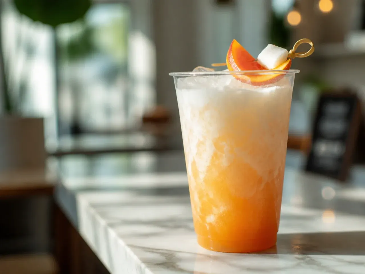 Smooth coconut peach refresher in a glass with a pale creamy peach colour