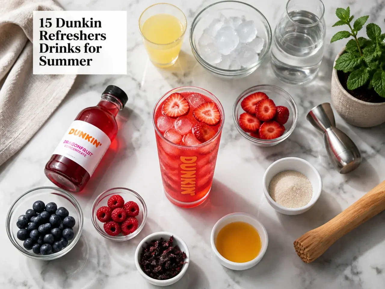 Close-up of hands preparing a Dunkin-style refresher with syrup being poured into iced tea