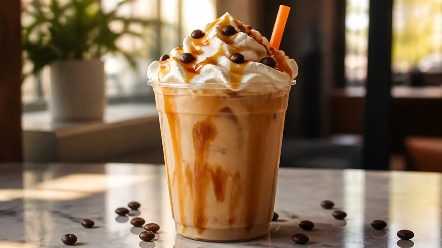 Assortment of copycat Dunkin secret menu drinks in tall glasses on a wooden counter, including iced coffee, a layered frozen coolatta and a latte topped with whipped cream