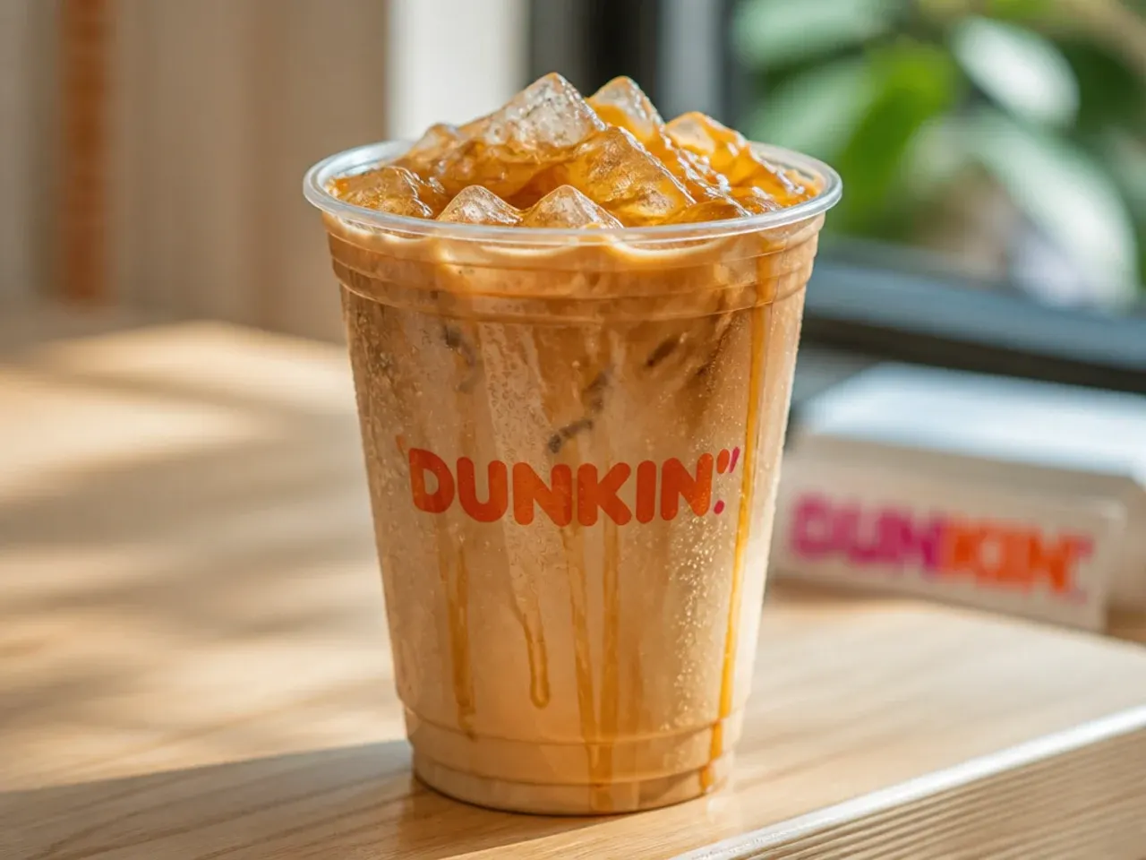 Overhead shot of several copycat Dunkin secret menu drinks lined up, showing iced coffee, a frozen coolatta and a hot latte