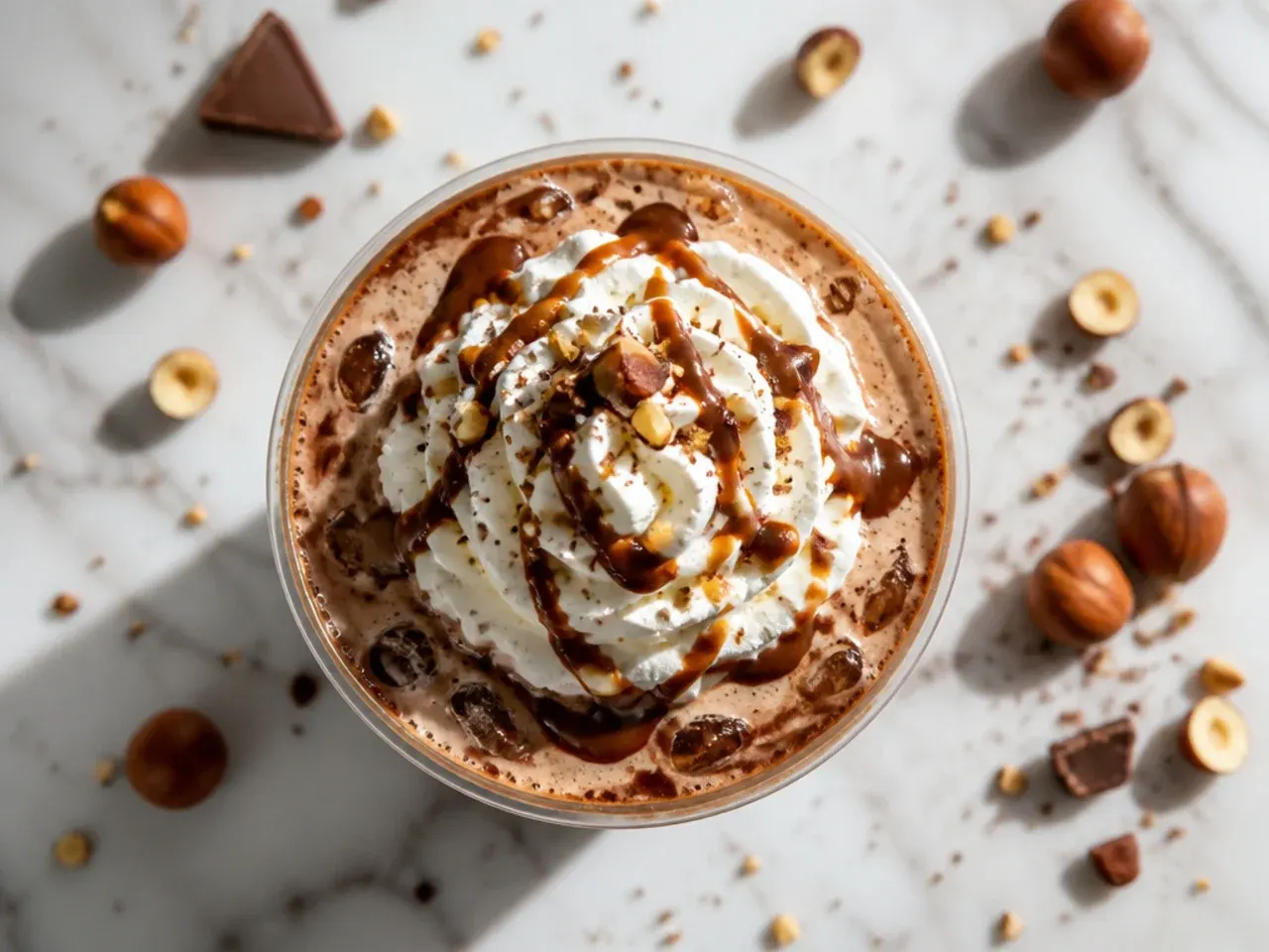 Iced hazelnut mocha coffee with a chocolate swirl in a tall glass