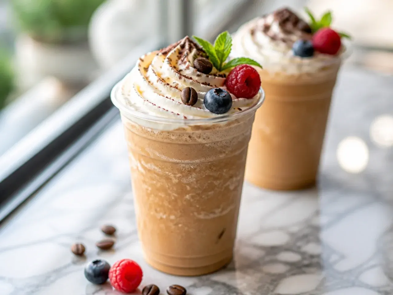 Frozen coffee coolatta slush in a plastic cup with a wide straw