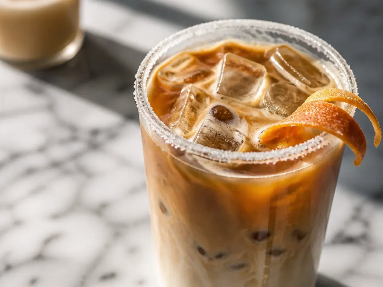 Toasted almond vanilla latte with steamed milk foam in a glass mug