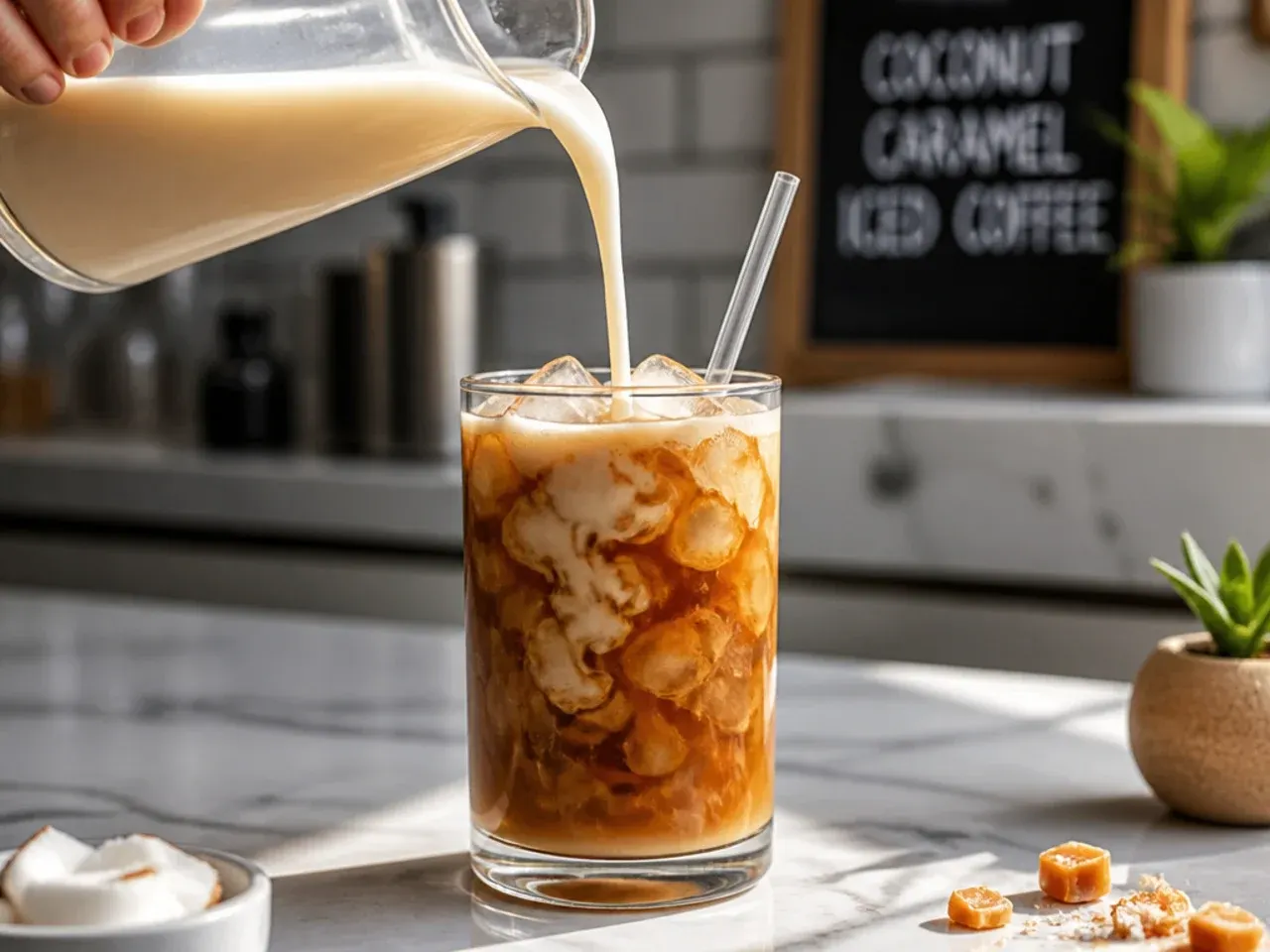 Creamy coconut caramel iced coffee with caramel drizzle inside the glass