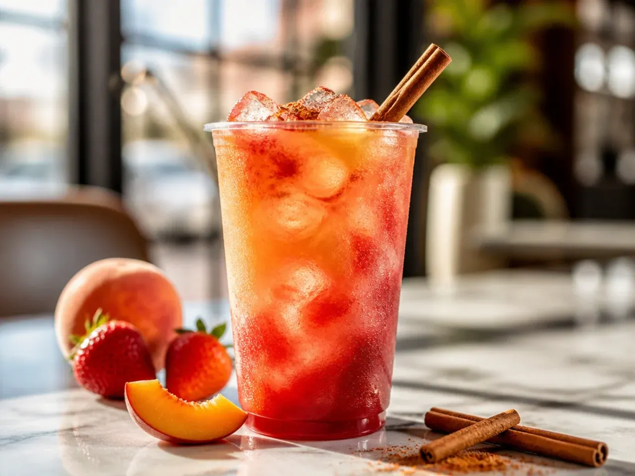 Pink strawberry peach refresher drink with ice and fresh strawberries