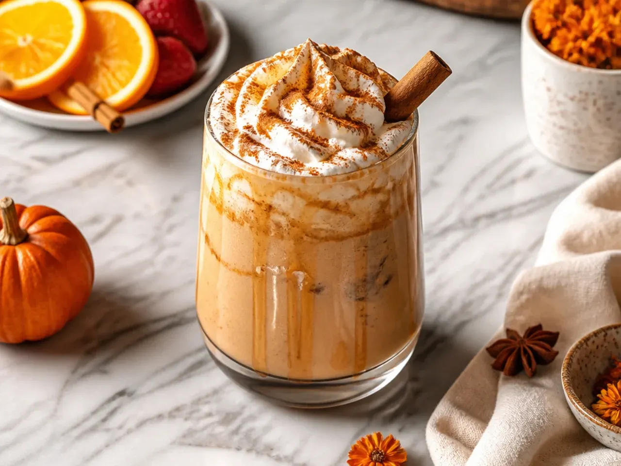 Cozy pumpkin spice latte topped with whipped cream and cinnamon in a mug