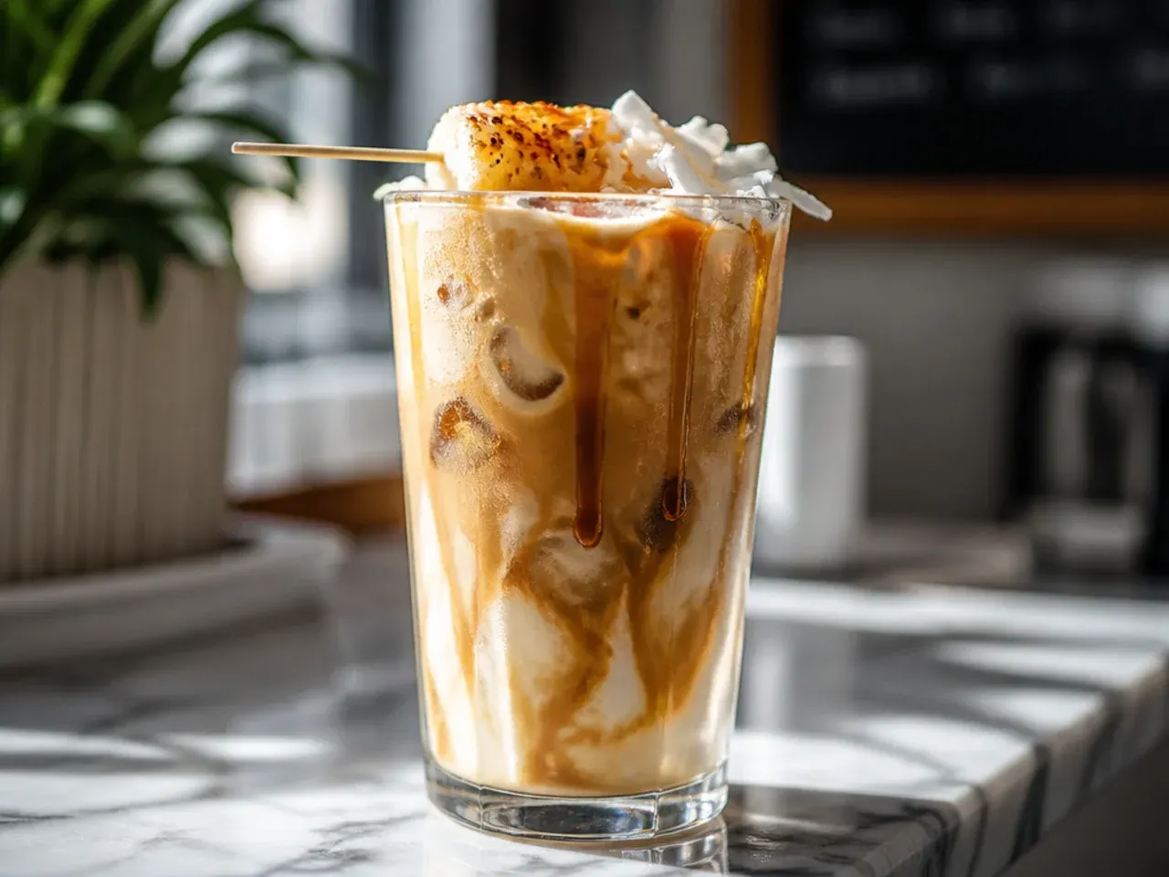 Caramel coconut creme pie iced coffee with a crushed biscuit rim