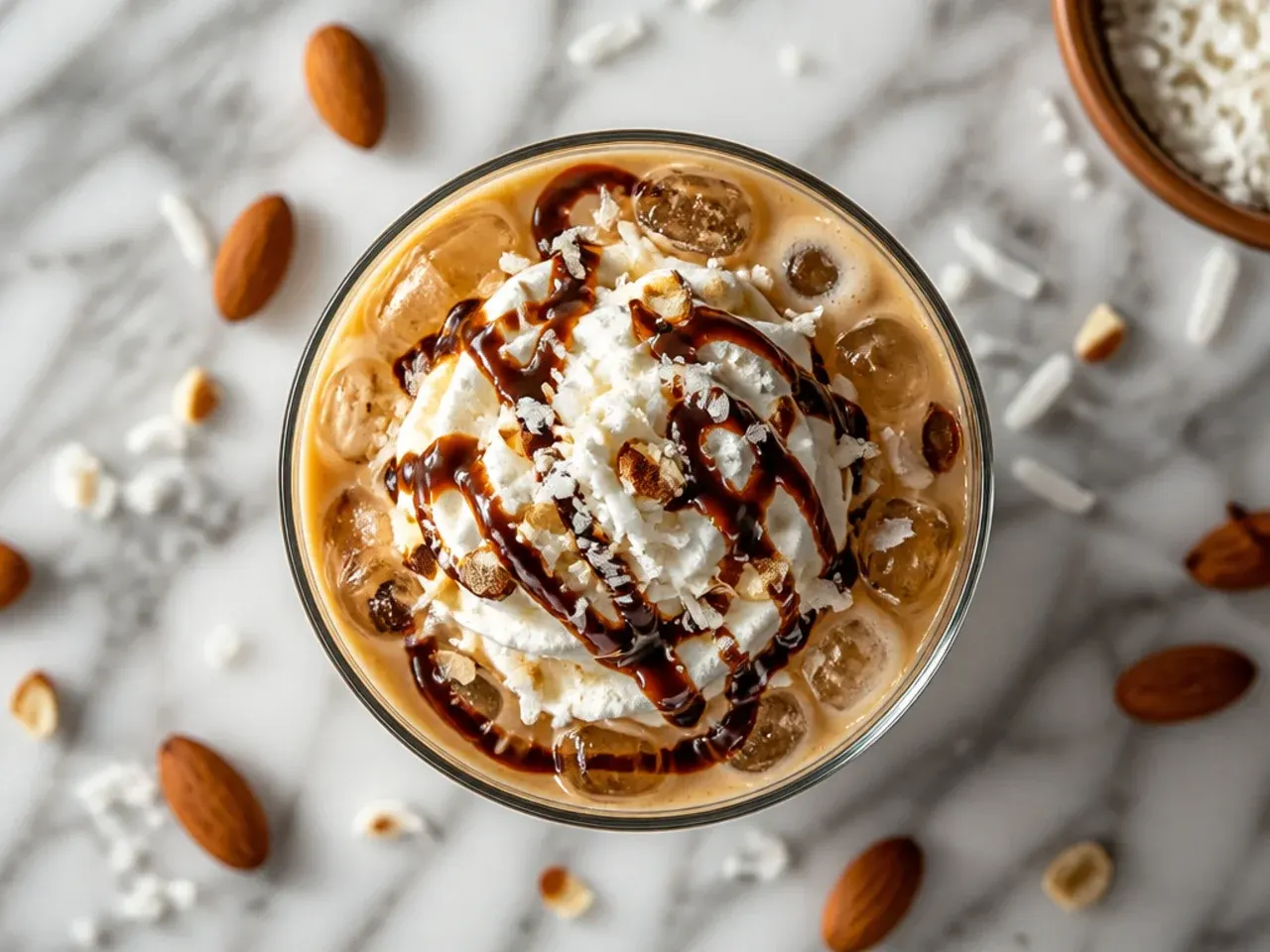 Almond Joy flavoured iced coffee with coconut flakes on top