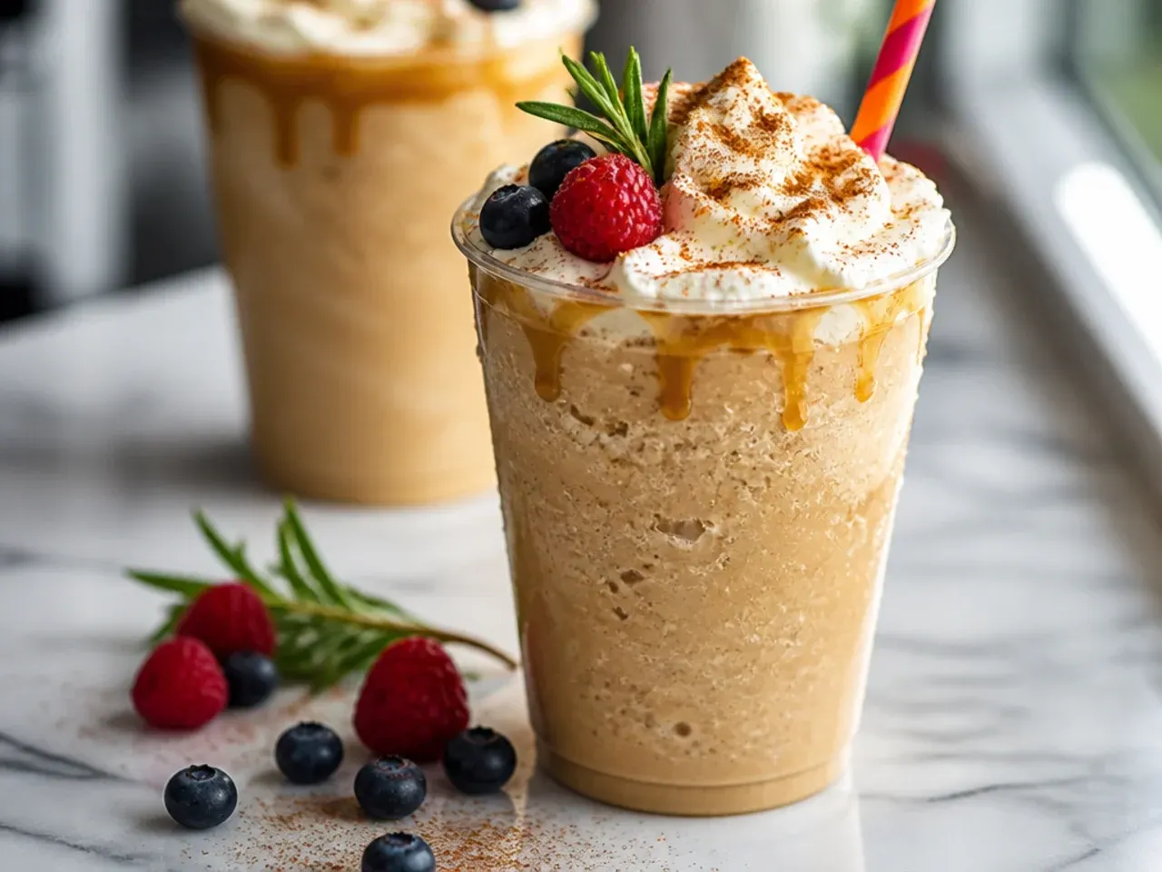 Snickerdoodle frozen coffee with cinnamon sugar dusting and whipped cream