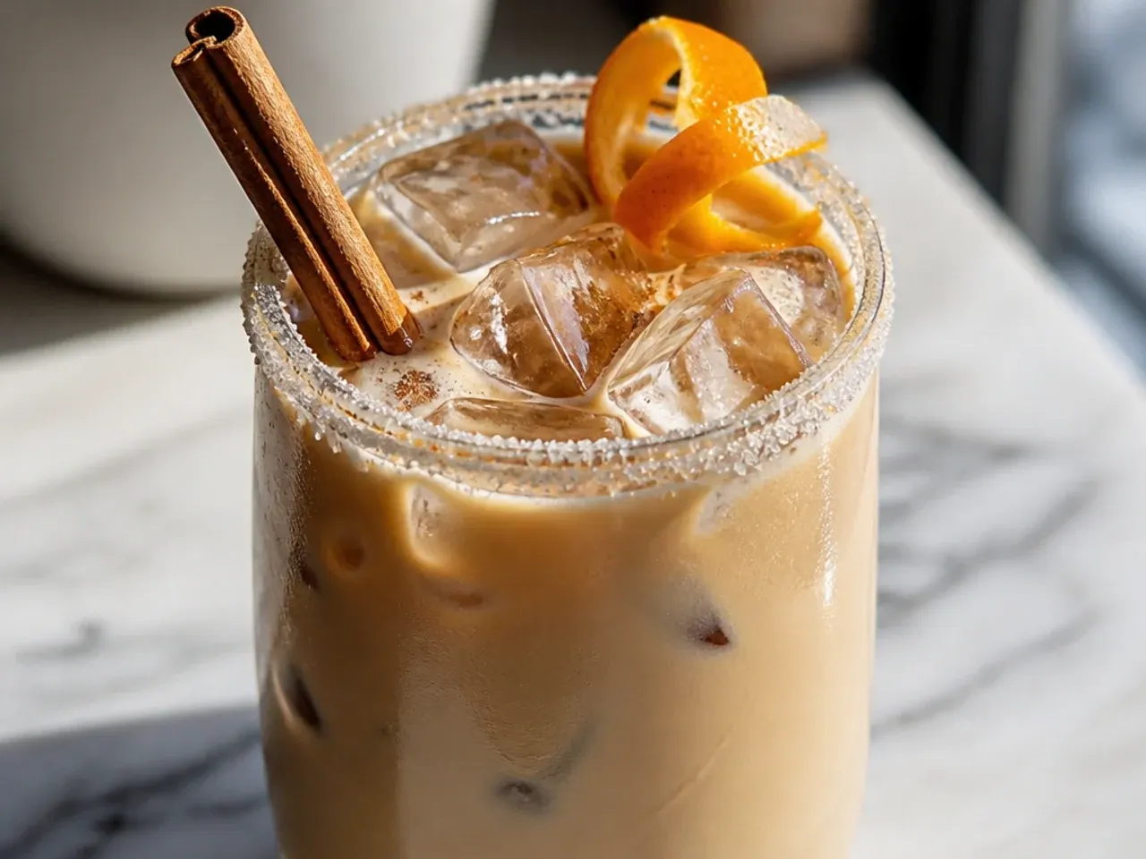 Spiced chai latte with steamed milk foam and a cinnamon stick garnish