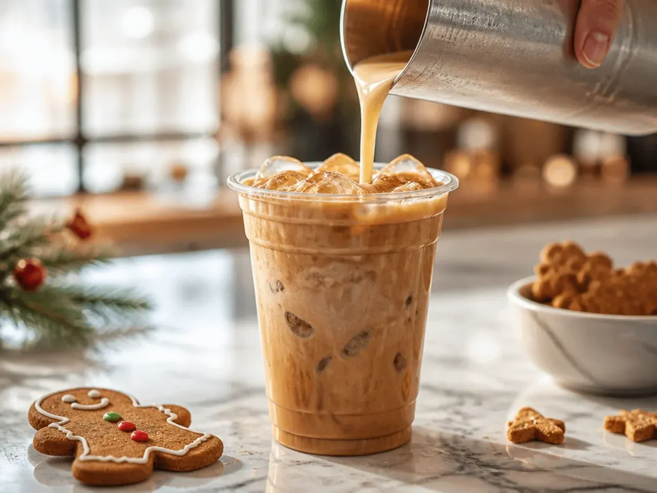 Festive gingerbread cookie latte with whipped cream and crushed biscuit