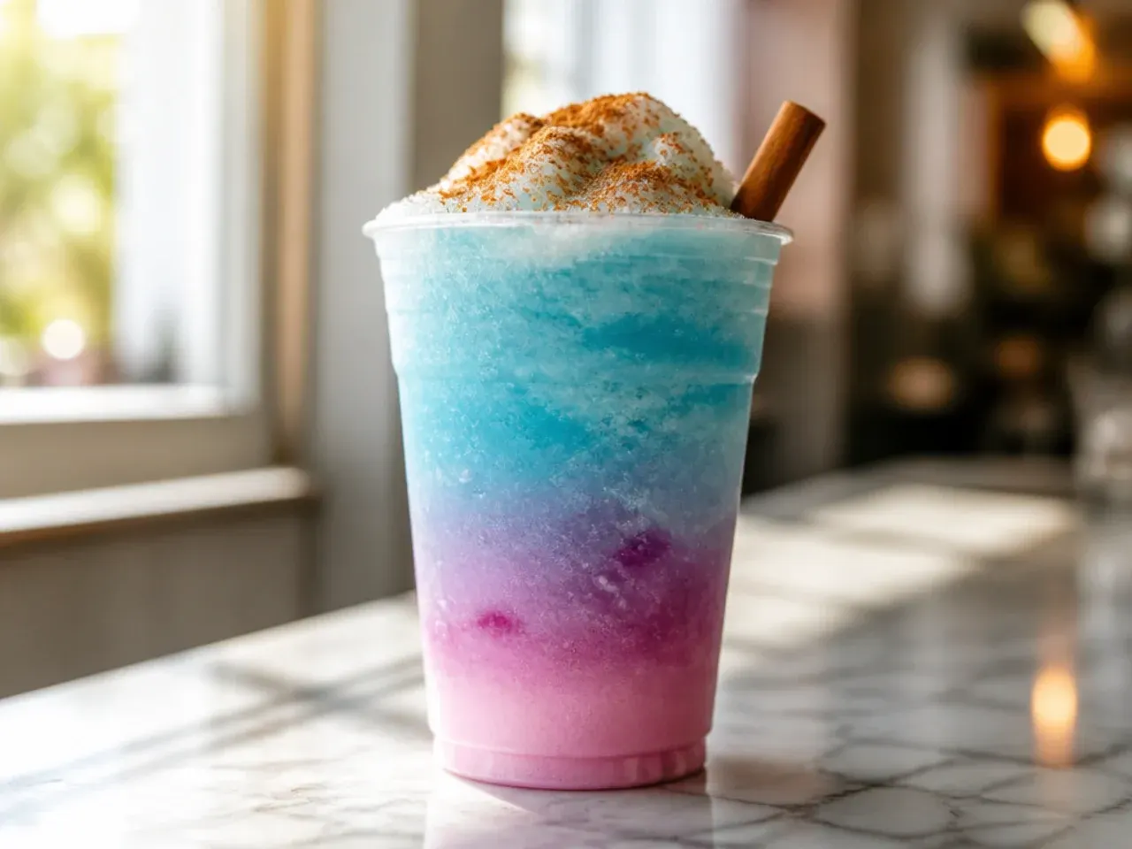 Layered blue and pink cosmic cotton candy coolatta in a clear cup