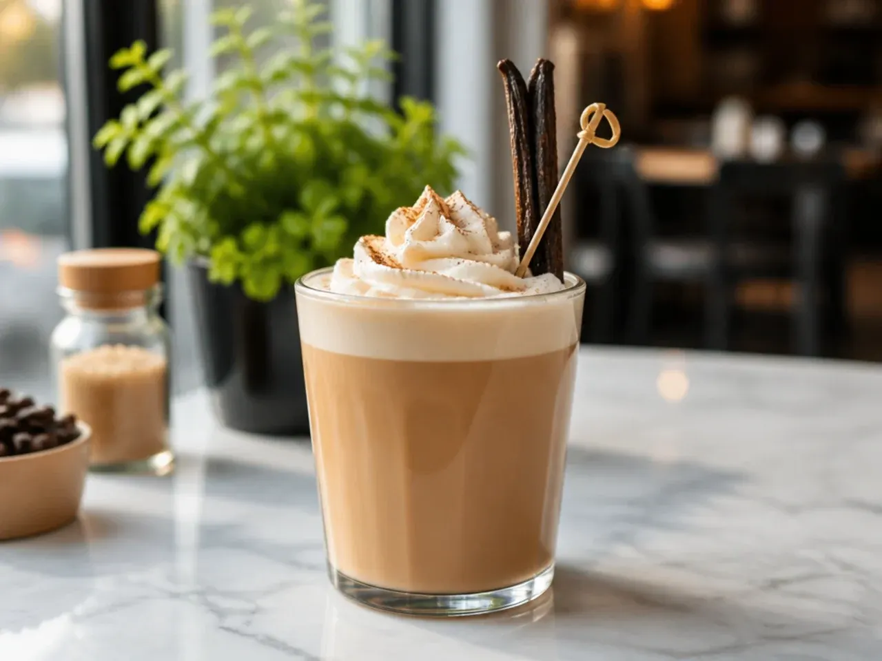 Smooth vanilla bean latte with visible vanilla flecks in the foam