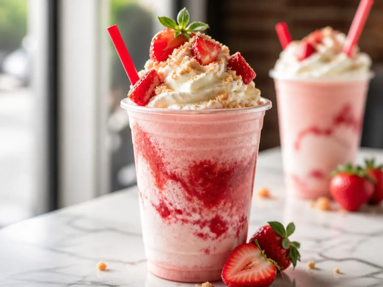 Strawberry shortcake frozen coolatta with crushed shortbread on top