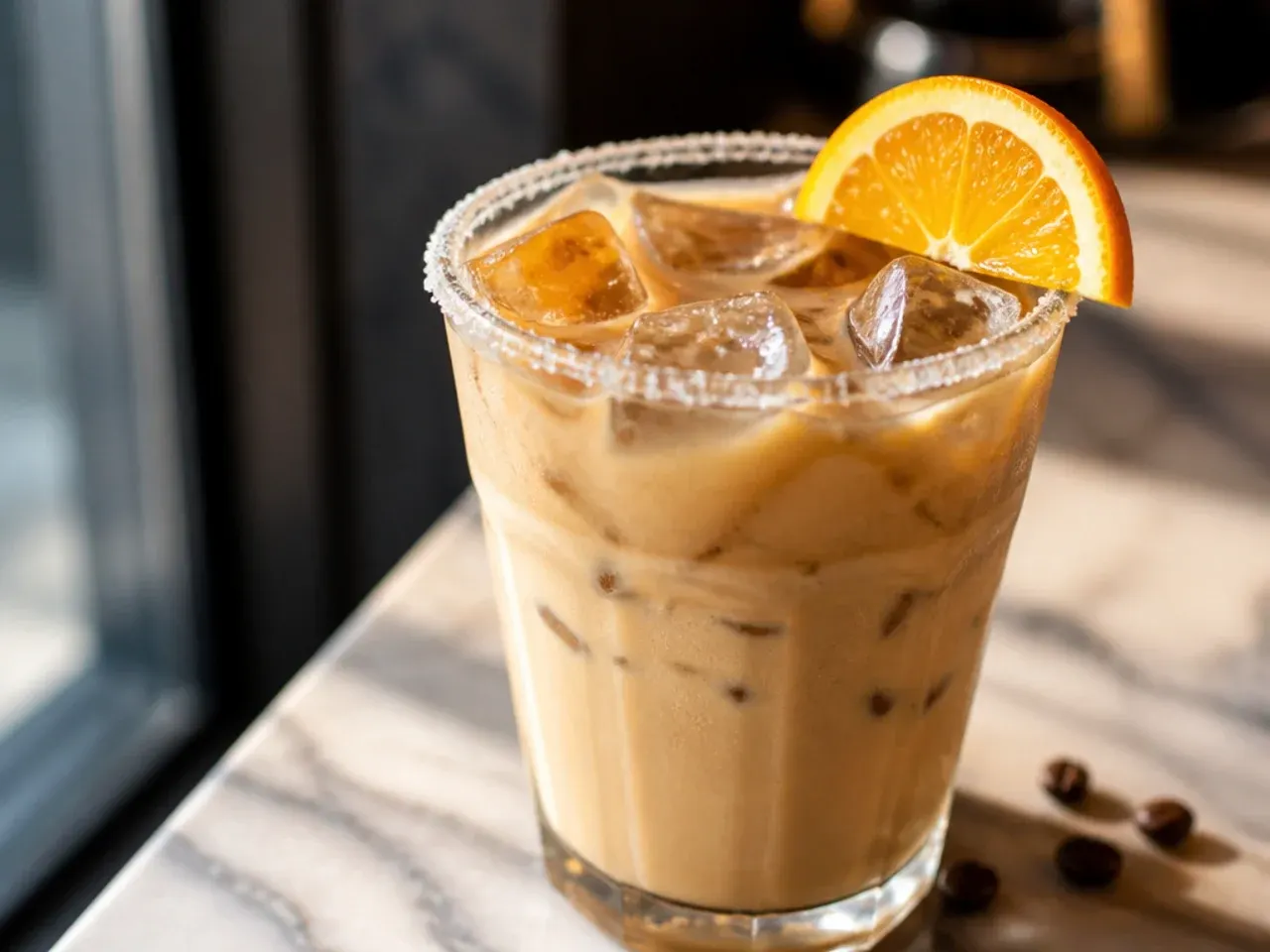 Creamy white mocha iced coffee with white chocolate shavings on top