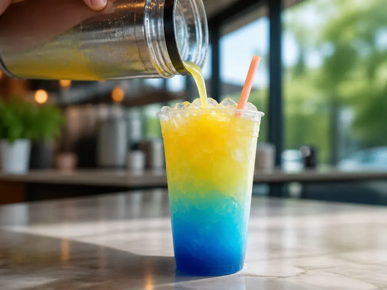 Blue raspberry pineapple cooler drink with ice in a tall glass