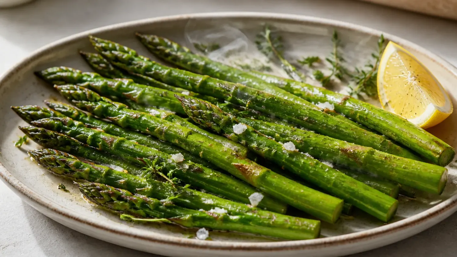 Finished plate of garlic parmesan lemon roasted asparagus with a bite taken out of one spear