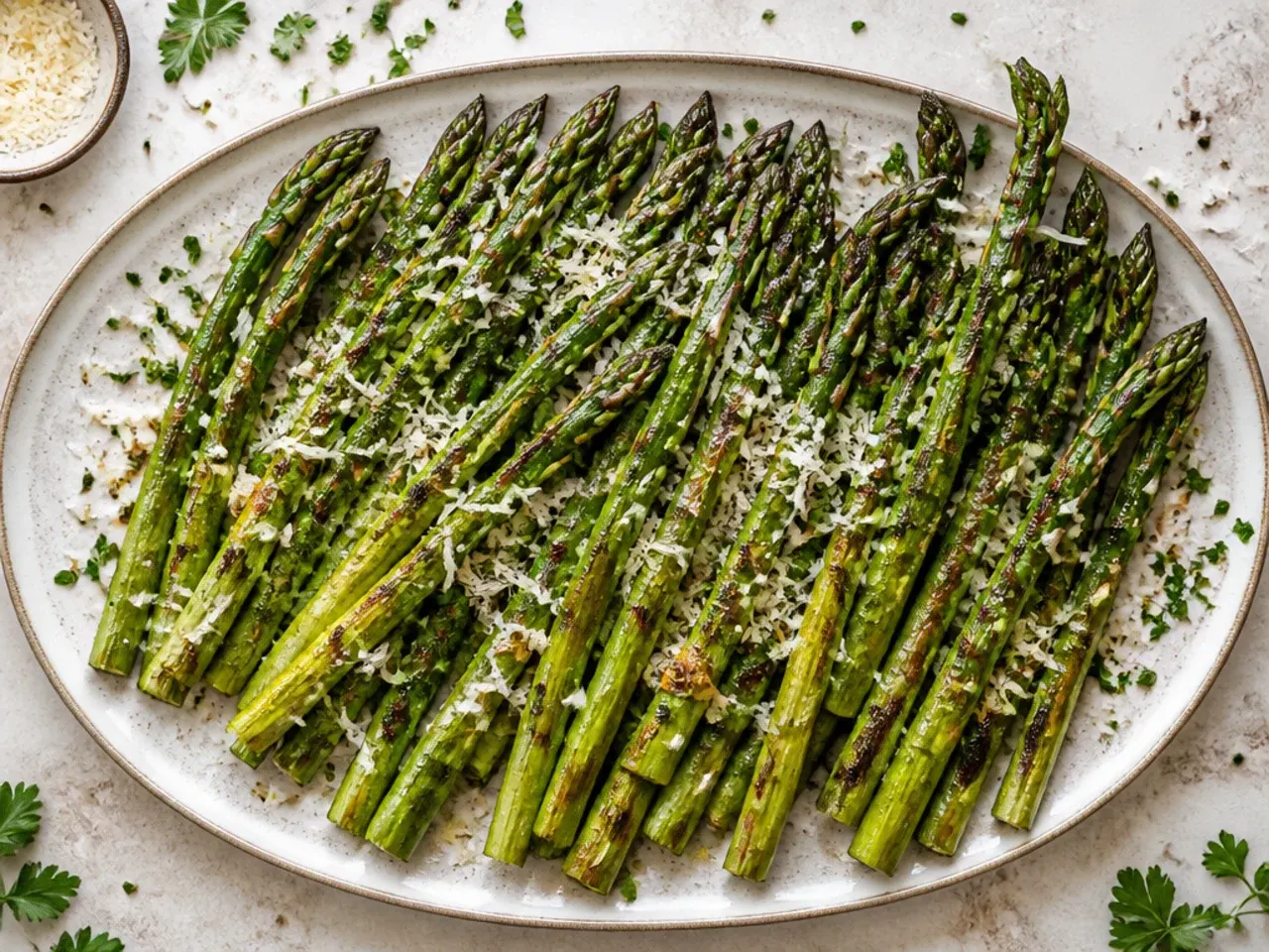 Asparagus spears being patted dry with a tea towel before roasting