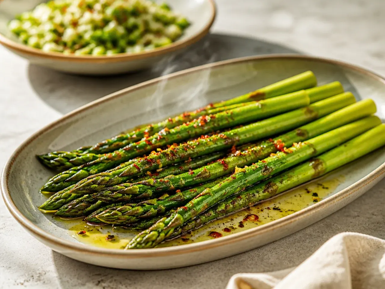 Asparagus spears spread in a single layer across two baking trays