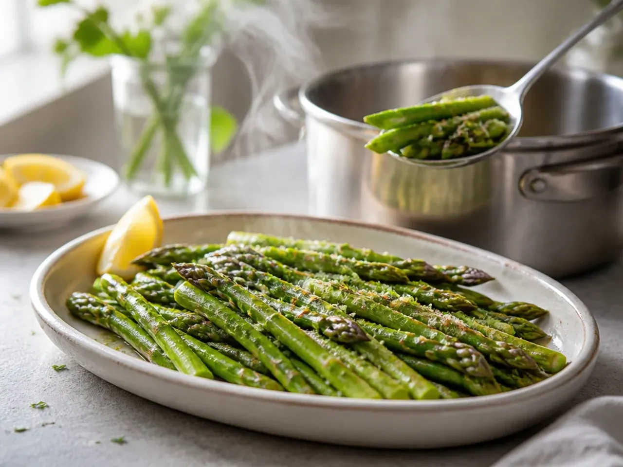 Bright green asparagus spears in a pot of boiling water